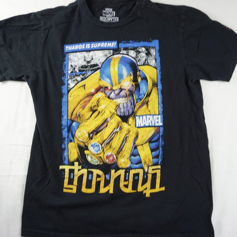 Marvel Thanos Red Chapter Ambigram Clothing Black Graphic Shirt Size M